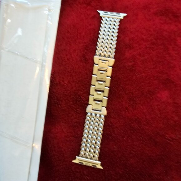 Metallic Zigzag Watch Band, Gold Center Links, Silver & Black Woven Pattern - Picture 2 of 4